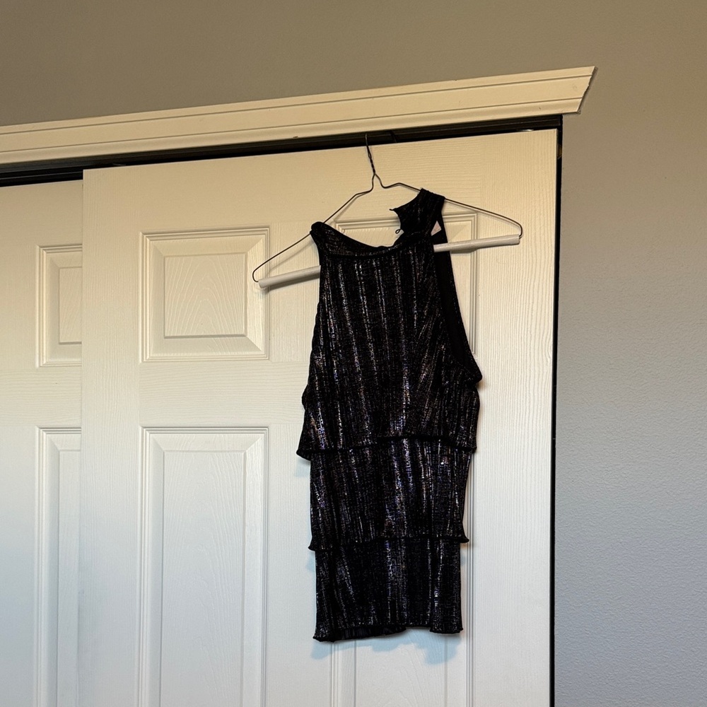 Sleeveless Tiered Metallic Black Evening Top